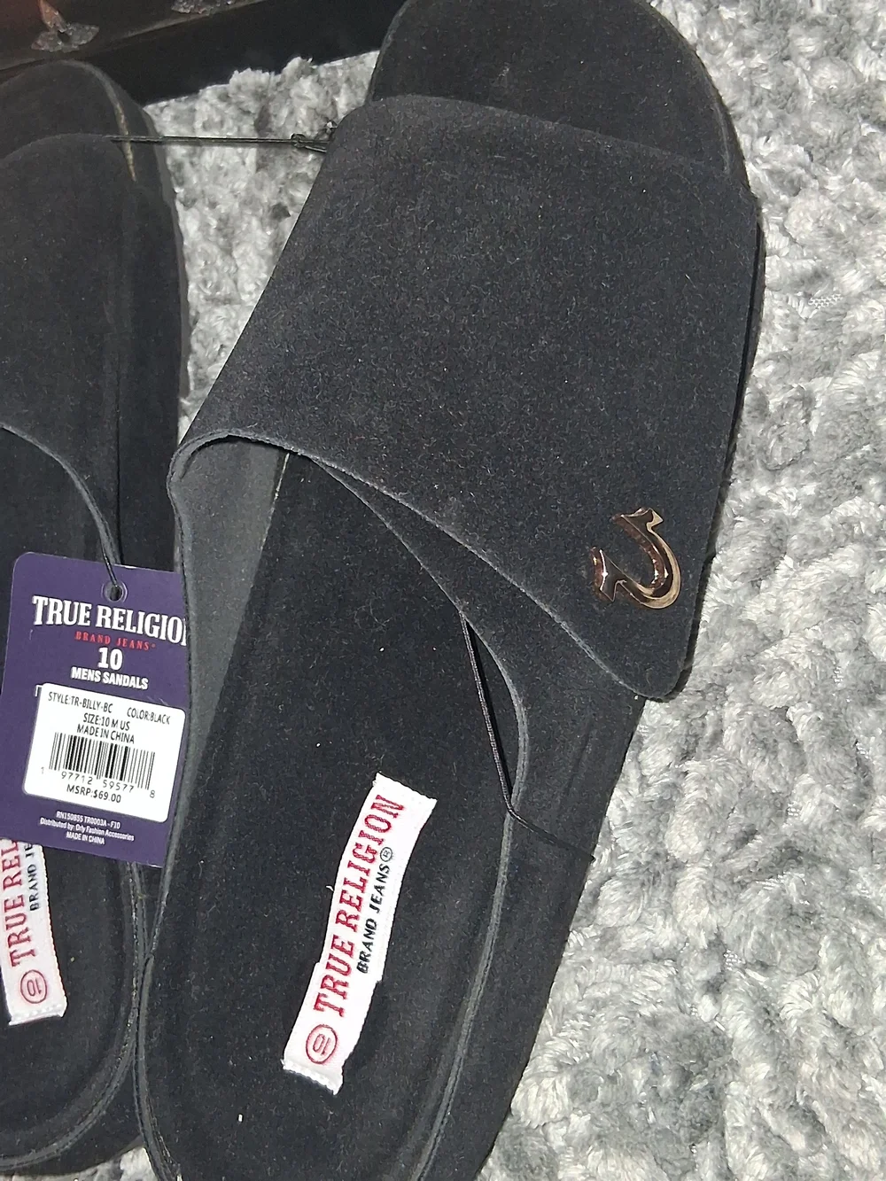 True Religion Black Suede Slide Sandals with Gold Logo Accent